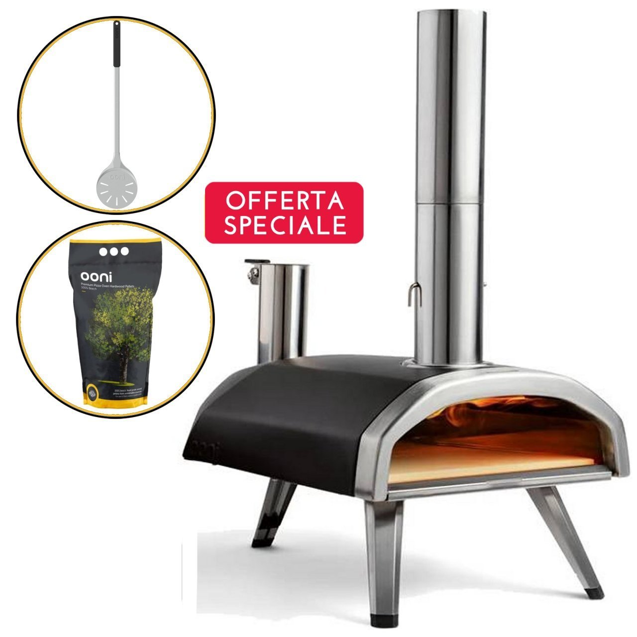 Kit forno pizza a pellet Fyra 12 Ooni + Pala giro pizza Ooni + Sacco pellet 3 kg